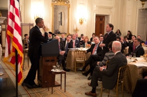 Utah Governor Gary Herbert asks President Barack Obama a question following the President's remarks to the National Governors Association in the State Dining Room of the White House, Feb. 23, 2015.