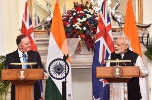Prime Minister of India Narendra Modi and Prime Minister of New Zealand John Key at the Joint Press Statement at Hyderabad House in New Delhi on 26 October 2016.