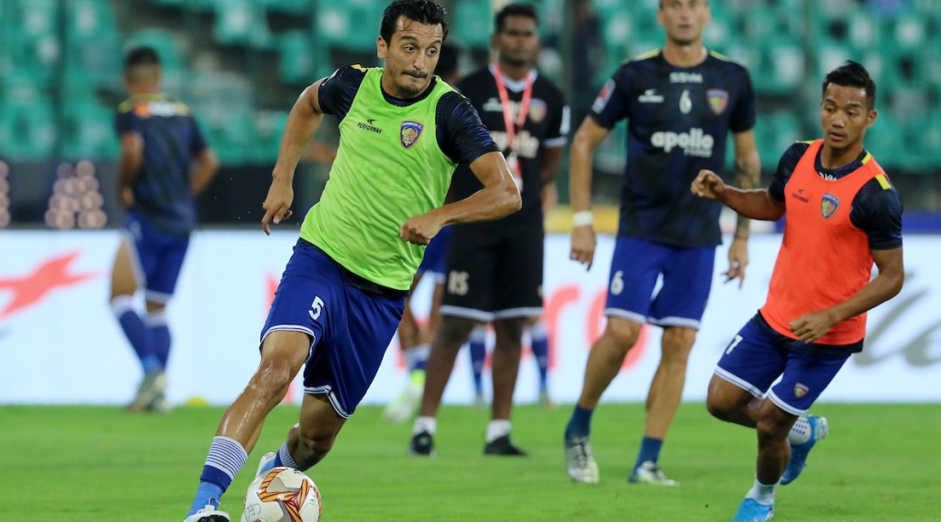 Chennaiyin FC players practise before the start of the match 23 of the Indian Super League ( ISL ) between Chennaiyin FC and Hyderabad FC held at the Jawaharlal Nehru Stadium, Chennai, India on the 25th November 2019.